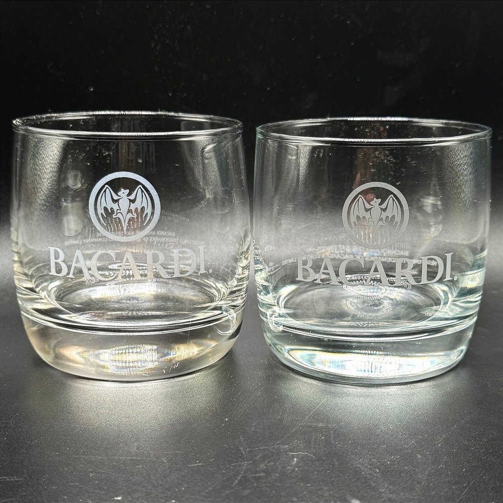 Bacardi Rum Rocks Glasses Etched Bat Logo Heavy Base Lowball Rocks Tumblers - 2
